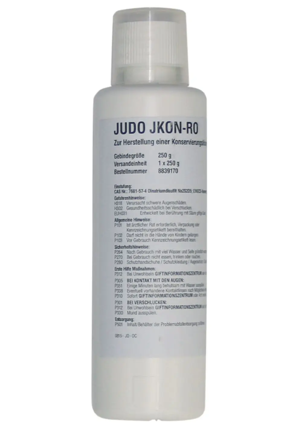 Weißer Flakon mit Schraubverschluss, auf dem Etikett sind Sicherheits- und Gebrauchshinweise sowie die Marke Judo abgedruckt. Inhalt und Bestellnummer sind ebenfalls angegeben.